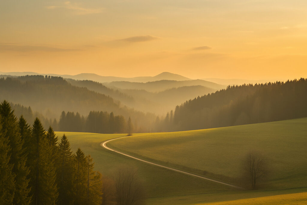 Sanfte Hügel mit einer kurvigen Straße, umgeben von Wäldern und einer goldenen Abenddämmerung.