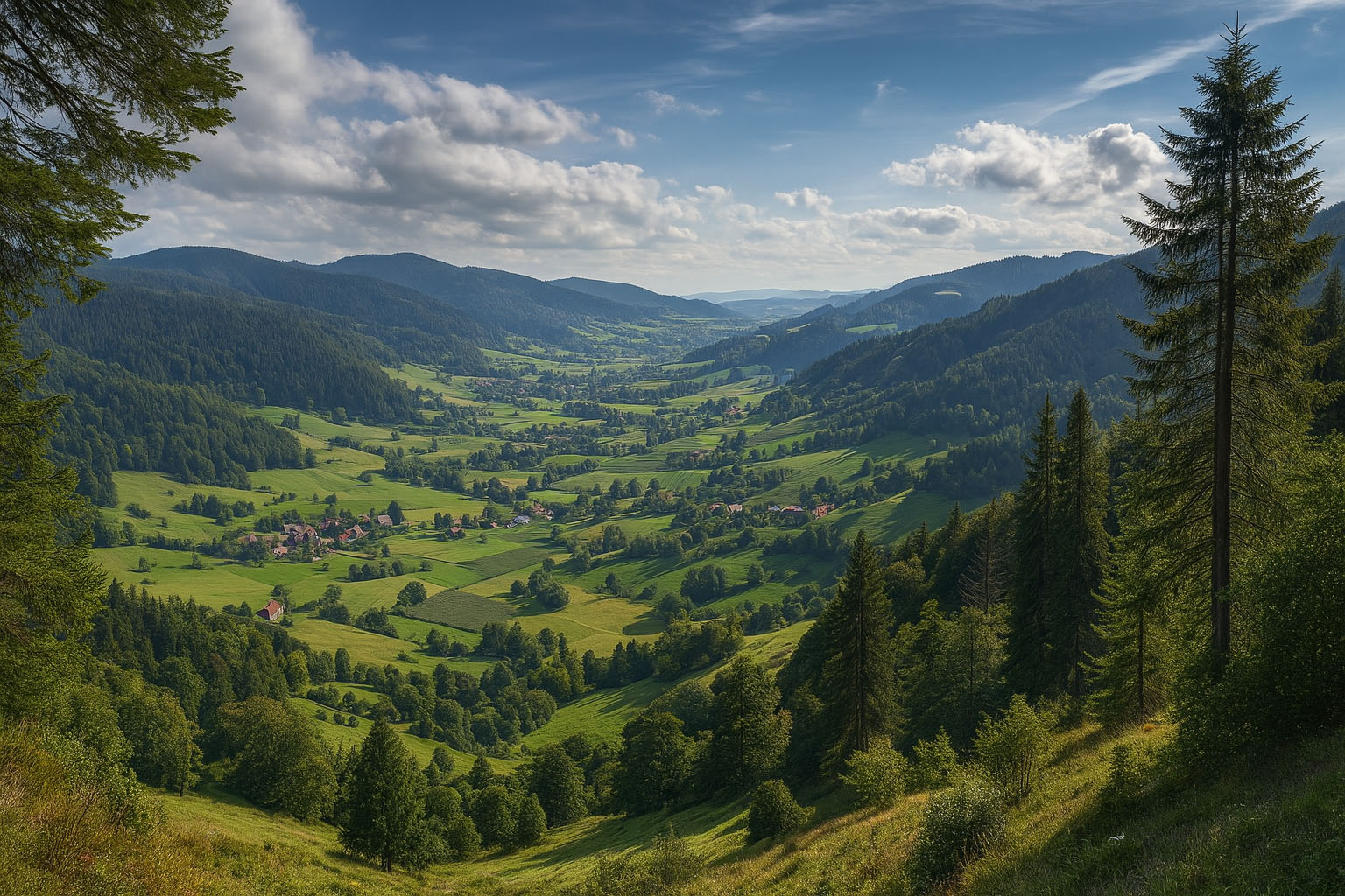 Panoramablick auf das Schwarzwaldtal mit grünen Wiesen und bewaldeten Hügeln.