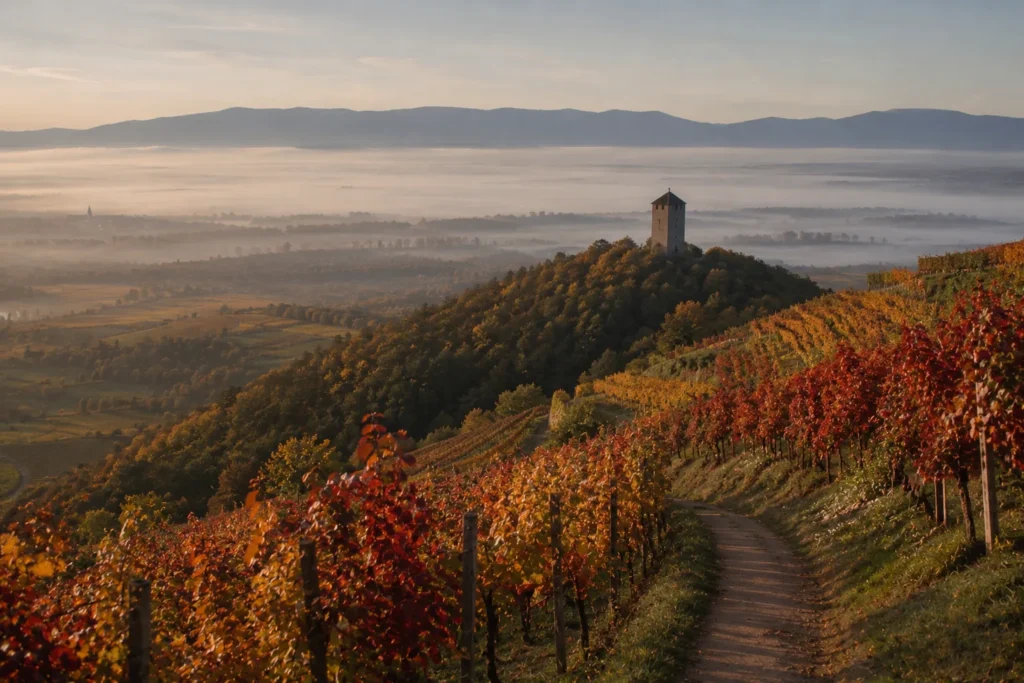 Wanderweg durch herbstlich gefärbte Weinberge mit Blick über die Rheinebene bis zu den Vogesen