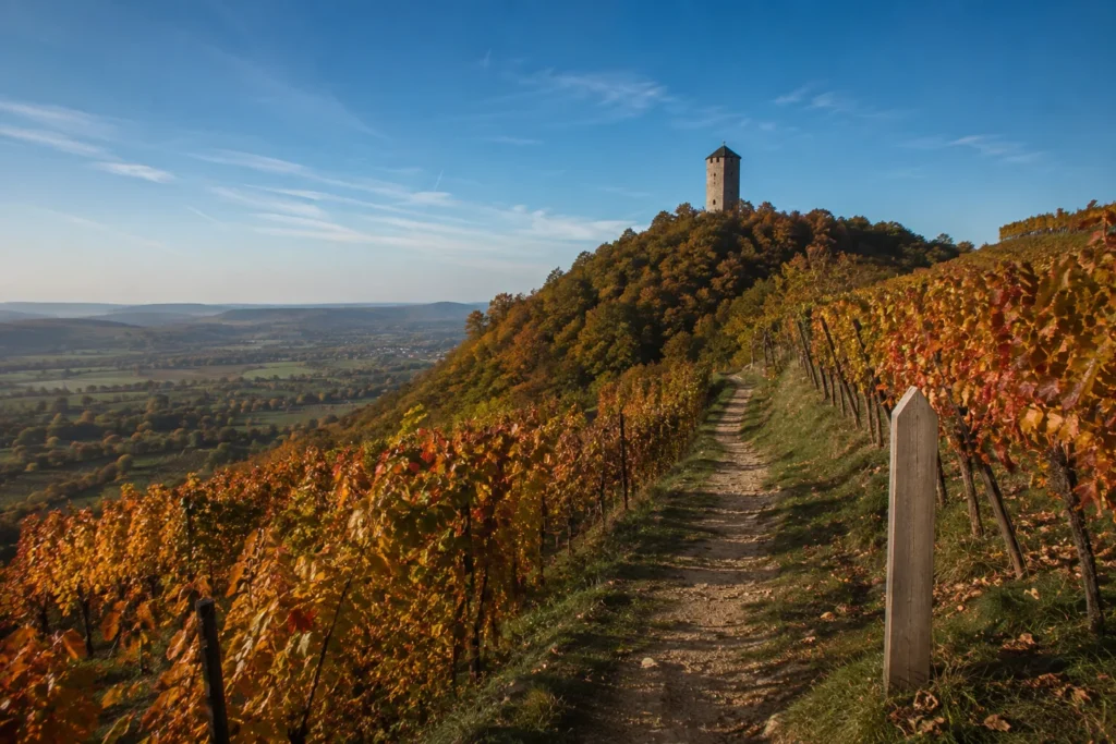 Wanderweg durch herbstliche Weinbergterrassen hinauf zum Aussichtsturm am Kaiserberg